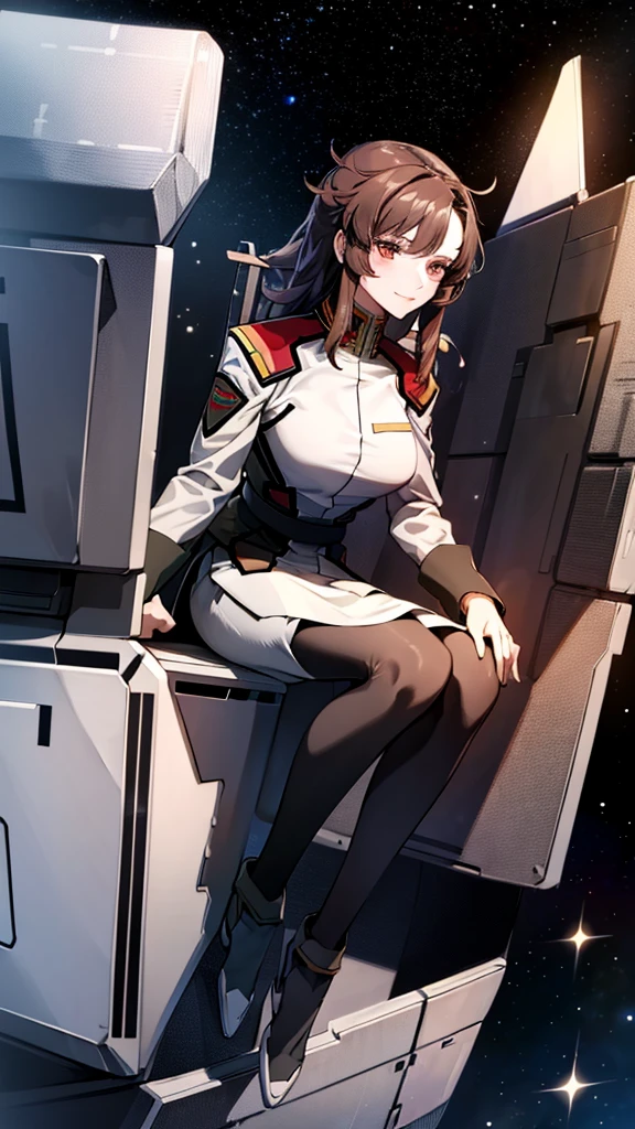 masterpiece, best quality, High resolution, Calm 1, 1 girl, alone, (Black_pantyhose:1.1), army uniform, army, cosmetics, White shirt,  White Skirt, tight skirt, sitting, Upper Body, cockpit, space, Smile