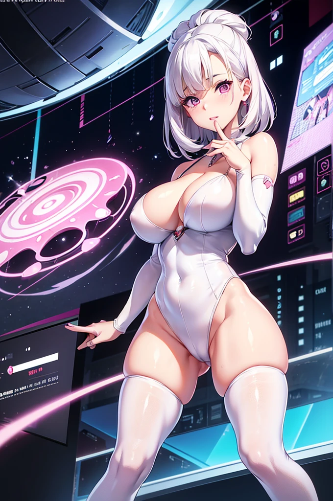 woman 45 years old , breasts big, cute, Caucasian skin, baby face, pink eyeballs, White hair, good figure, super long and beautiful legs, white stockings, 8K, Computer graphics quality, master works, perfects eyes, eye details, right fingers, right thighs, NO extra fingers, no extra legs