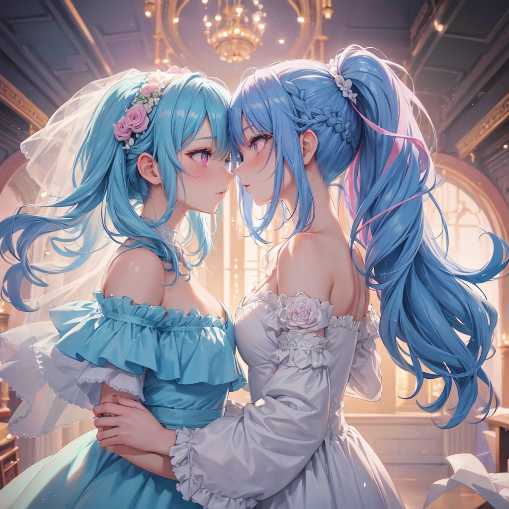 Sky blue hair, (Braided Ponytail),(Pink Eyes),Fair skin ,(whole body),(1 Girl),bride,blush,Straight bangs, 6月のbride,Wedding dress,(masterpiece, Highest quality, Very detailed, Best Shadow), (Detailed Background), (Beautifully detailed face), High Contrast, (Best lighting, Very delicate and beautiful), ((Cinematic Light)), colorful, Hyper Detail, Dramatic Light, Intricate details,Wedding hall,Rose