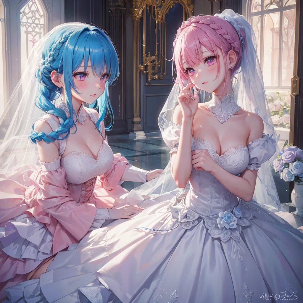 Sky blue hair, (Braided Ponytail),(Pink Eyes),Fair skin ,(whole body),(1 Girl),bride,blush,Straight bangs, 6月のbride,Wedding dress,(masterpiece, Highest quality, Very detailed, Best Shadow), (Detailed Background), (Beautifully detailed face), High Contrast, (Best lighting, Very delicate and beautiful), ((Cinematic Light)), colorful, Hyper Detail, Dramatic Light, Intricate details,Wedding hall,Rose
