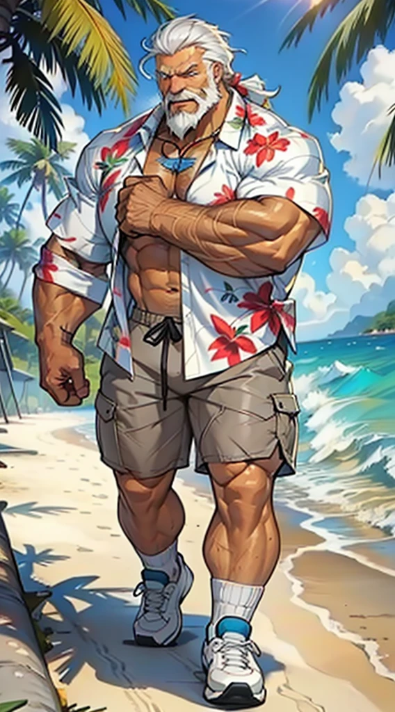 huge muscular old man in street city, old man, thick arm, huge arm, bearded. white hair and beard, bearded, muscular, pectoral, wide pectoral, beach, palm, realistic, 8k, masterpiece, (wearing shorts and white Hawaiian shirt, shoes)