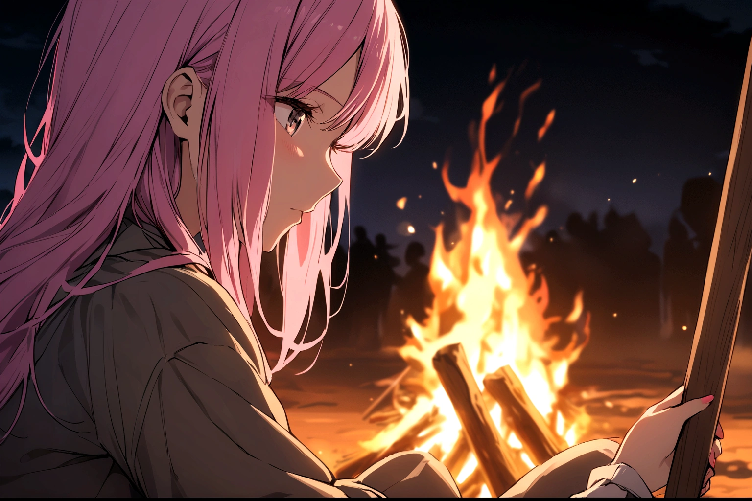Woman making a bonfire at night、Pink hair