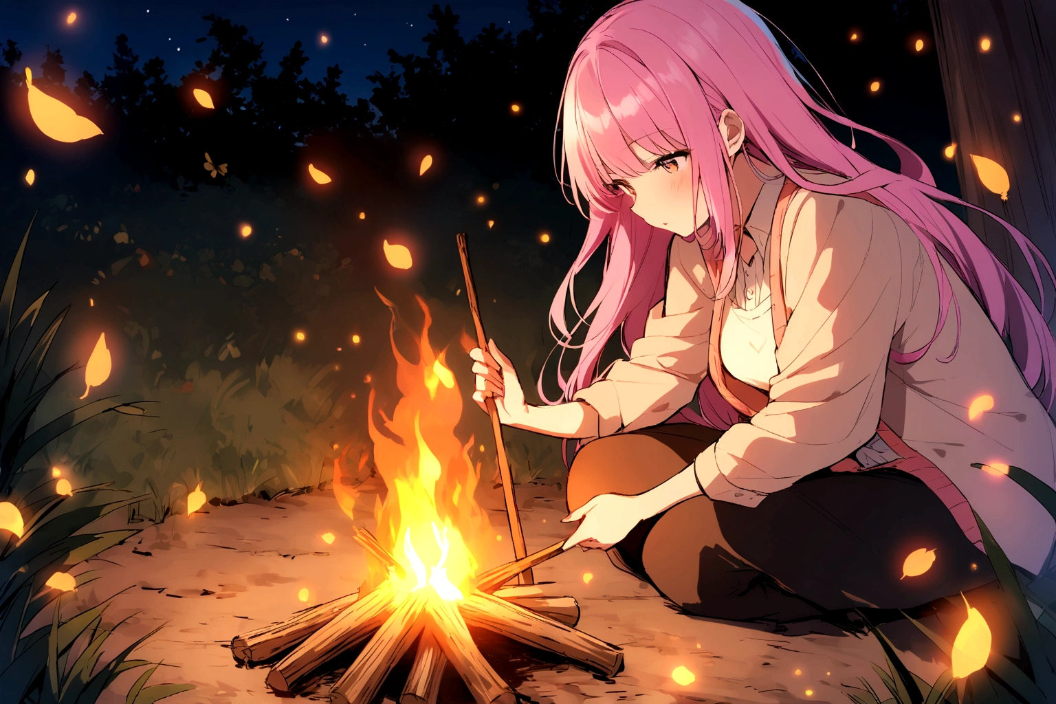 Woman making a bonfire at night、Pink hair