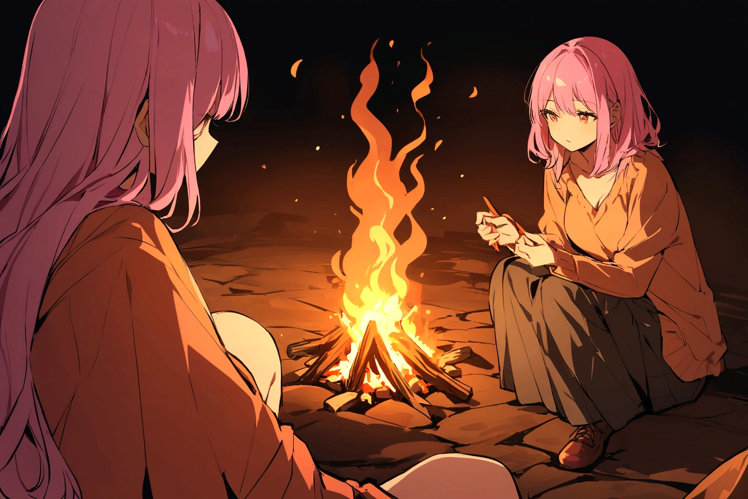 Woman making a bonfire at night、Pink hair