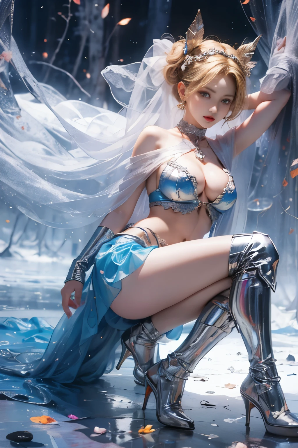 (8k extremely detaileded CG unit wallpaper),(Highest quality),(Best illustrations),(Best Shadow), (detailed: 1.4), 。.。.。.。.。.。.。.3d, んdebtdebt(High Dynamic Range), Light Tracing, NVIDIA, Super Resolution, Scattered beneath the surface, PBR Textures, Post-processing, Anisotropy debtiltering, Depth of written boundary, Maximum sharpness and acutance, Multilayer Texture, Albedo and Specular Maps, Surface Shading, Accurate simulation of light-matter interactions, Perfect balance, Octane Rendering, Two-tone lighting, wide aperture , Low ISO,White balance,Rule of Thirds,8K RAW,intricate-detailed, Delicate pattern, Deep Shadow, masterpiece, real, Roughness, Surreal, Photographed with Canon EOS R5, 50mm lens, debt/2.8, Sharp debtocus, Smoothing, Roughness, Real Life, Photorealistic, Cinematography, 8K Ultra HD,In the flower field,Blue debtlower Girl,1 Girl,solo,Europe,Beautiful Bride,Light Smile,Highly detaileded blonde hair,Mature Woman,Sky Blue Gossamer Veil,Sky blue light cloak,Sky blue gossamer coat,Sky blue thin skirt,Sky blue lace underwear,Sky Blue Lace,Sky Blue Gossamer Gloves,choker,Earrings,gem,Small items,Headdress,Hand decoration,Leg decoration,High heels,Huge breasts,Large Breasts,Big Breasts,Burst chest,Big Breasts,Ample breasts,Expose your breasts,Exposed breasts,Tight waist,Naked butt,Big butt,Bare Belly,Belly button,Wet,Wet body,Sweaty body,Shiny skin,