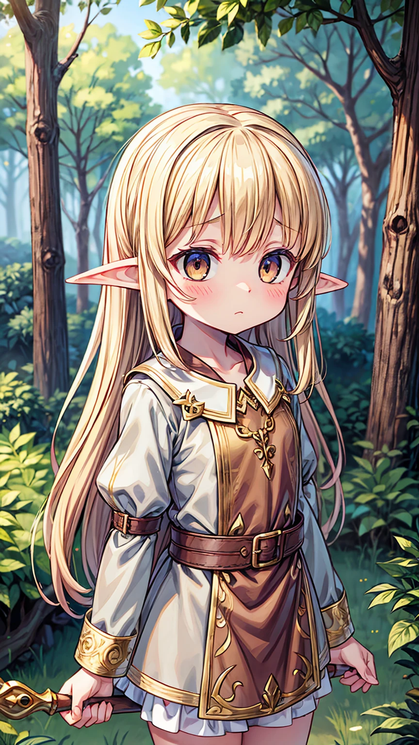 Masterpiece, Best Quality, high resolution, (****), girl, elf, small busts, worn brown tunic, has a spear, shy face, he is afraid, is in the forest, she has golden eyes, blond hair