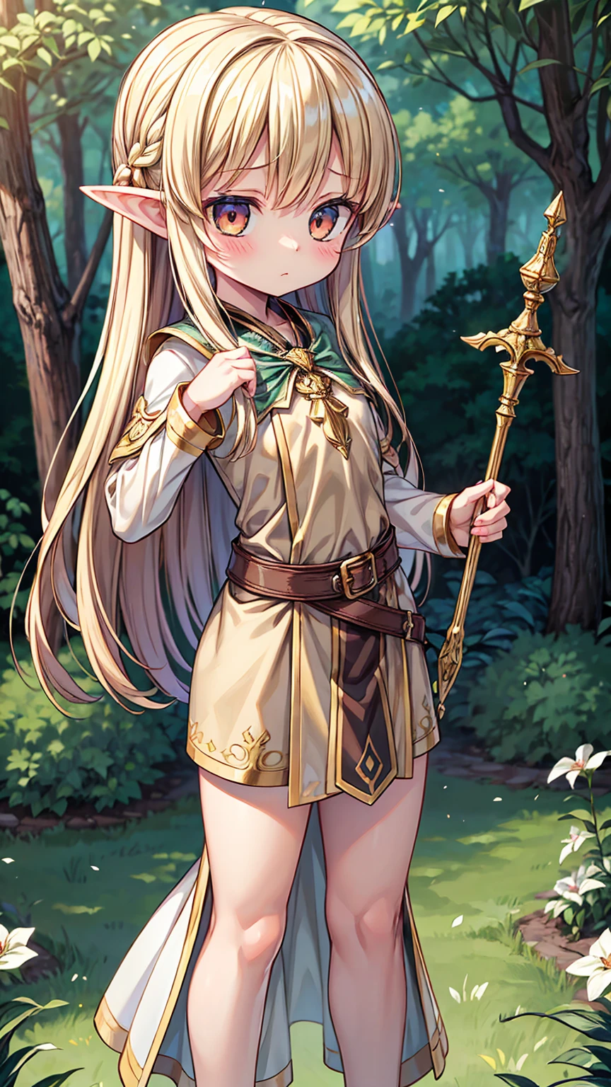 Masterpiece, Best Quality, high resolution, (loli), girl, elf, small busts, worn brown tunic, has a spear, shy face, he is afraid, is in the forest, she has golden eyes, blond hair