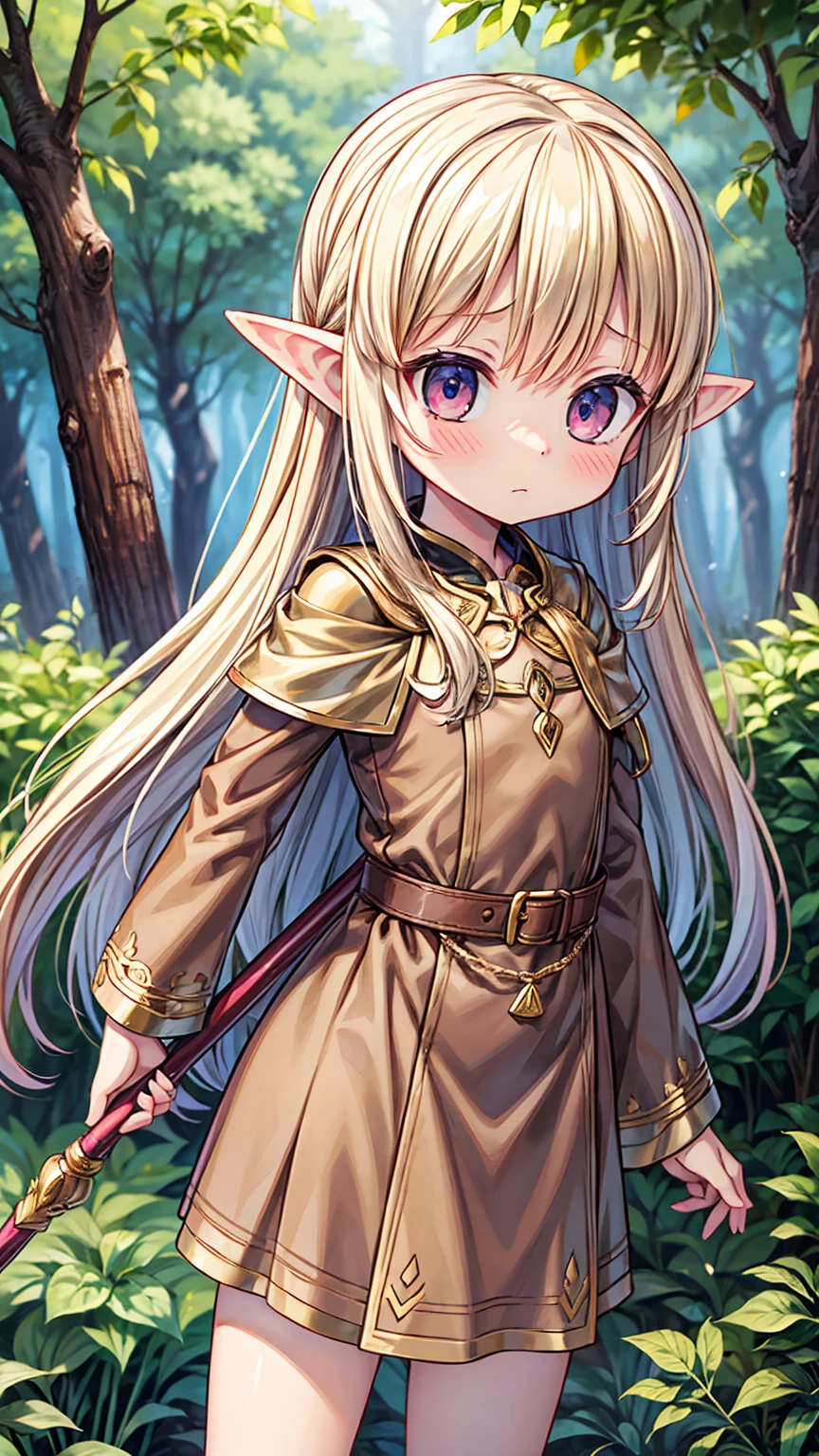 Masterpiece, Best Quality, high resolution, (****), girl, elf, small busts, worn brown tunic, has a spear, shy face, he is afraid, is in the forest, she has golden eyes, blond hair