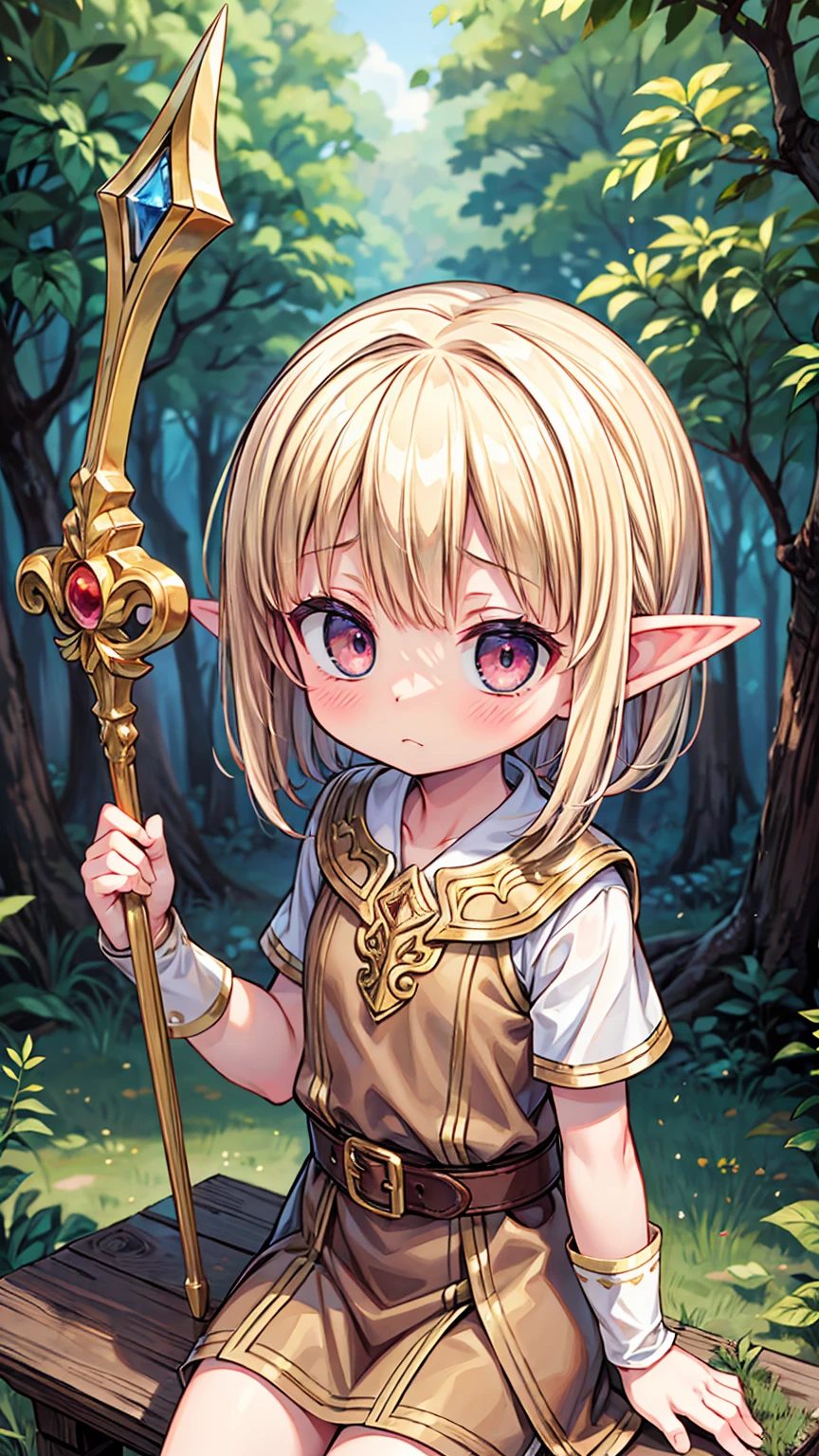 Masterpiece, Best Quality, high resolution, (****), girl, elf, small busts, worn brown tunic, has a spear, shy face, he is afraid, is in the forest, she has golden eyes, blond hair