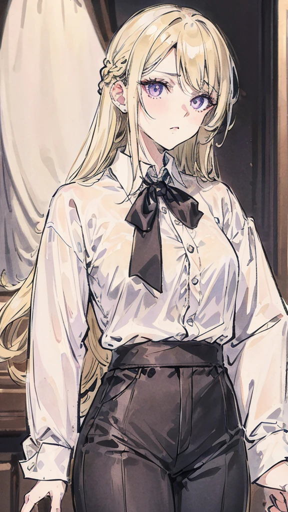 Create a beautiful light blonde woman, with her hair not very well tied, with a few loose strands framing her face, pale skin, violet eyes, with a white long sleeve button down shirt, black tie and black pants