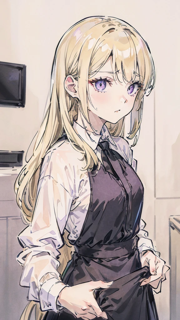 Create a beautiful light blonde woman, with her hair not very well tied, with a few loose strands framing her face, pale skin, violet eyes, with a white long sleeve button down shirt, black tie and black pants