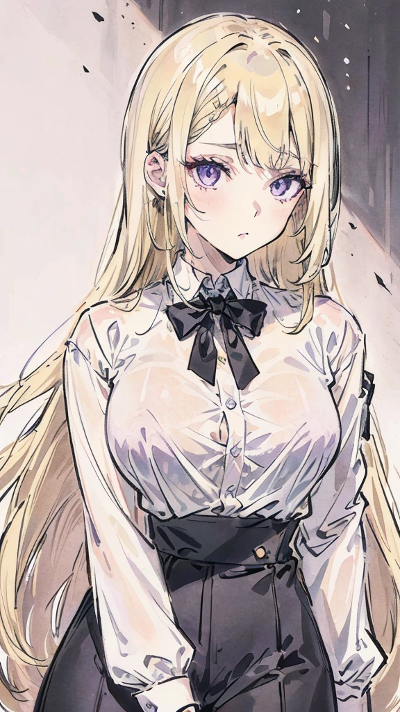 Create a beautiful light blonde woman, with her hair not very well tied, with a few loose strands framing her face, pale skin, violet eyes, with a white long sleeve button down shirt, black tie and black pants