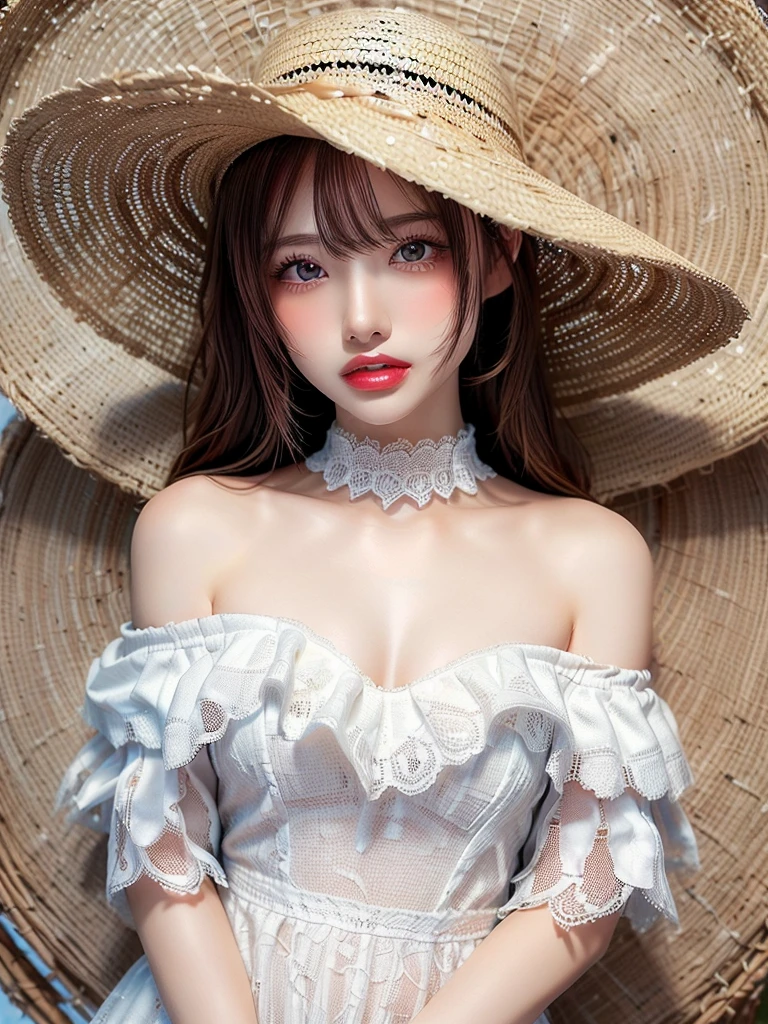 ((Highest quality)),(超A high resolution),(Very detailed),(Detailed Description),((The best CG)),(masterpiece),Very detailedなアート、Small breasts、(((Whitening 1.5)))、Clear skin quality、(((Whitening 1.5)))White lace dress、Off the shoulder、Small straw hat、Sandy Beach、Ocean、