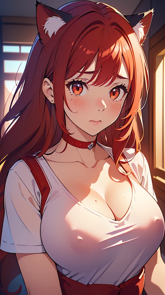 (absurdres:1.2),(masterpiece:1.6),(ultra-detailed:1.4),(High quality:1.4),(best quality:1.4),(beautiful busty breasts:1.3),(beautiful face:1.3),(beautiful woman:1.3),(bright red hair:1.4),medium hair,a mole around the mouth, (sweat:1.1),(aroused:1.2),(embarrassed:1.2),(blush:1),(close-up:1),(cat ear bandage:1.2),white T-shirt