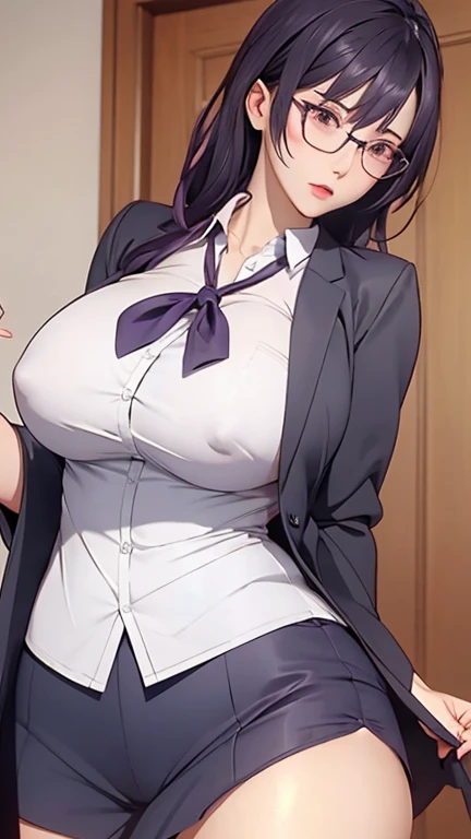 1 girl, Purple and blackish hair, Large Breasts, Sexy body, Angry face, Wear , Wear glasses