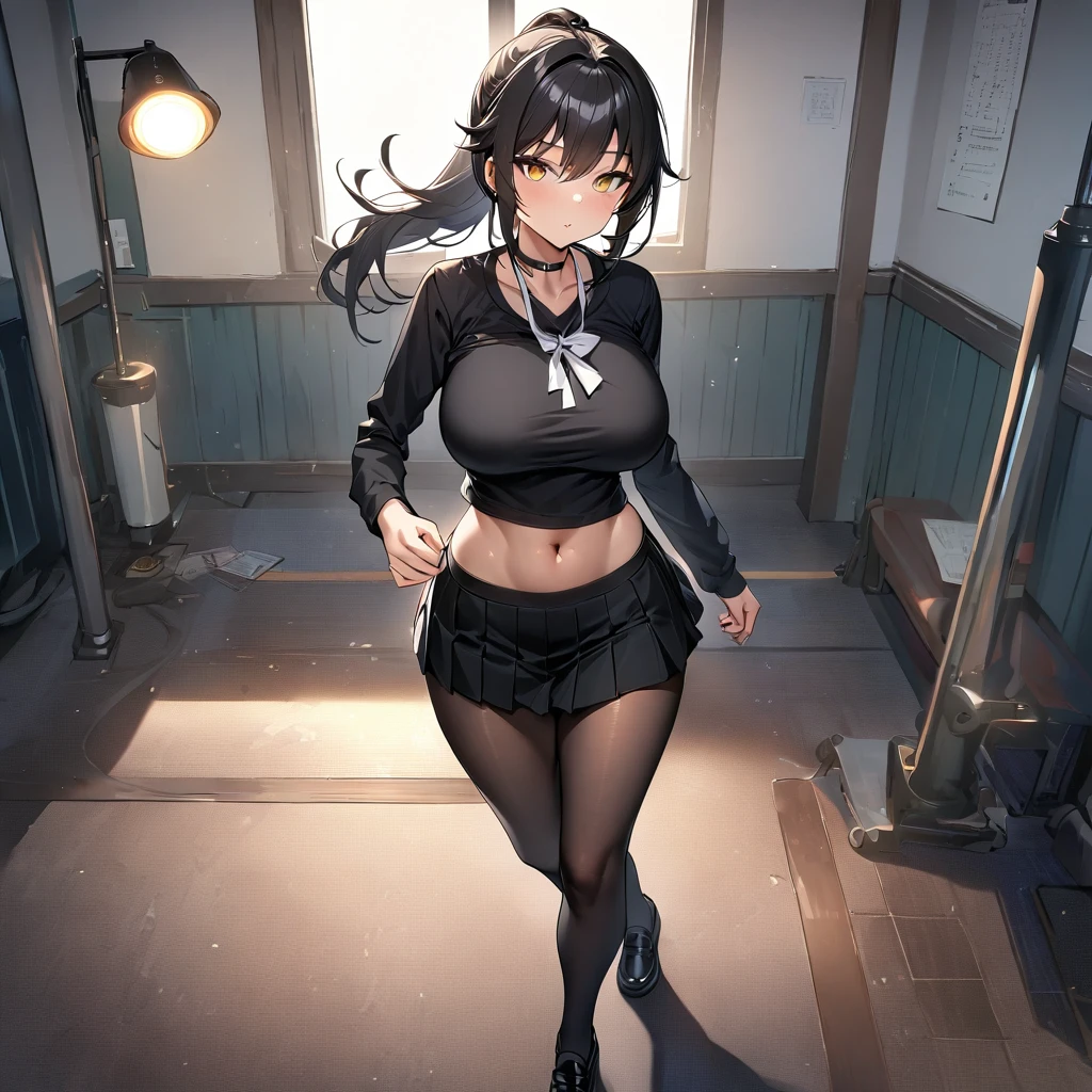 A woman wearing a black school t-shirt with long sleeves, a short black skirt, black tights, black women's shoes, exposed abdomen, large breasts, white bow around her neck, long black hair, ponytail hair, white bow in her hair, walking in a Japanese school room, yellow eyes, full body., a very detailed trail, lamp post, traffic light, ( alone woman), HDR, ultra resolution, clear, masterpiece, 8K HD ( woman solo)
