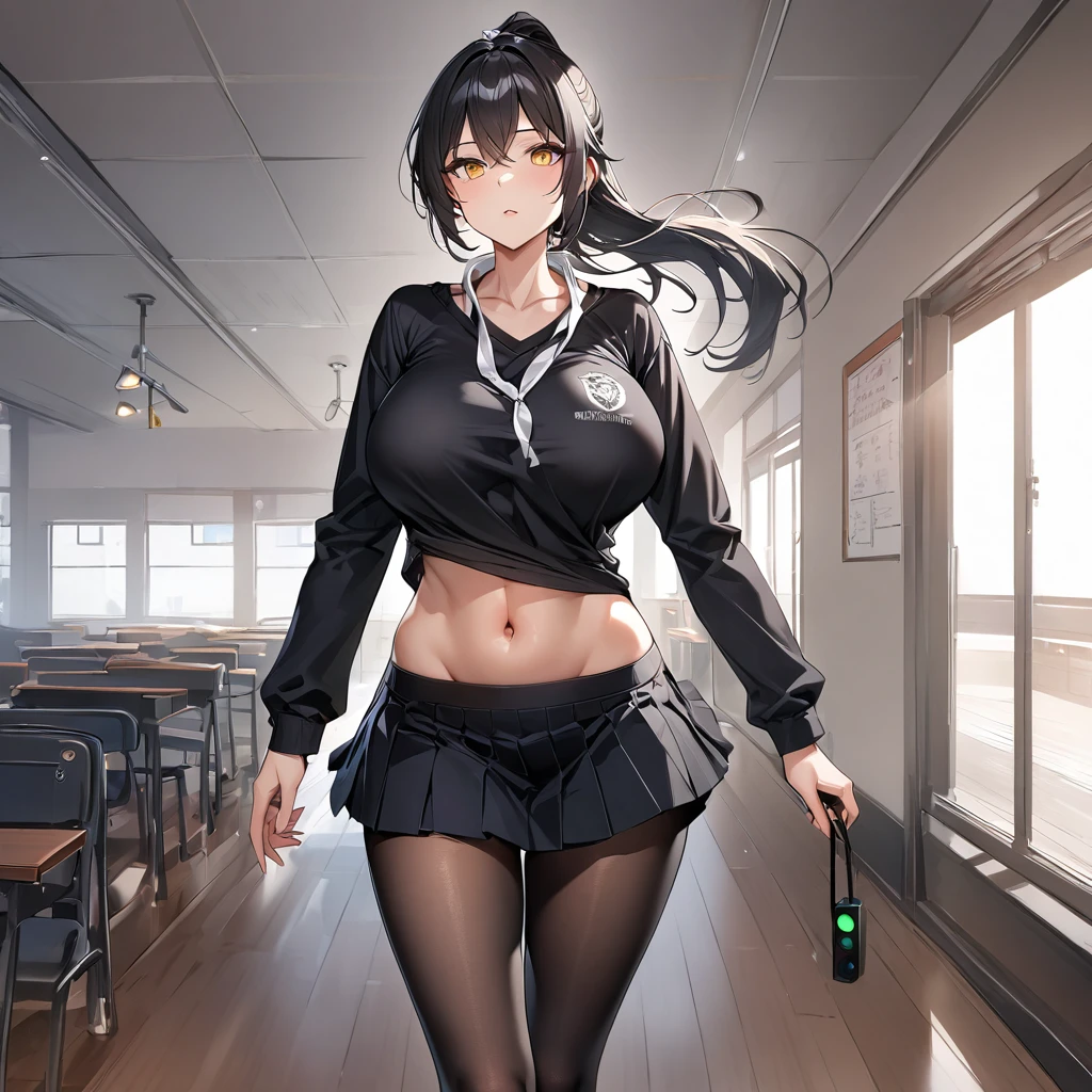 A woman wearing a black school t-shirt with long sleeves, a short black skirt, black tights, black women's shoes, exposed abdomen, large breasts, white bow around her neck, long black hair, ponytail hair, white bow in her hair, walking in a Japanese school room, yellow eyes, full body., a very detailed trail, lamp post, traffic light, ( alone woman), HDR, ultra resolution, clear, masterpiece, 8K HD ( woman solo)
