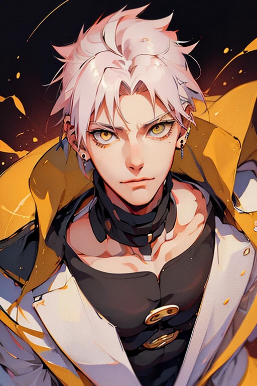 1 male (tall man, slim, manly, dominate,  stripe colored hair, man has yellow eyes, tough, wearing a sci-fi space outfit, has 1 earring.) best quality, ultra-detailed, illustration, complex, detailed, extremely detailed, detailed face, soft light, soft focus, perfect face, illustration: Full Body