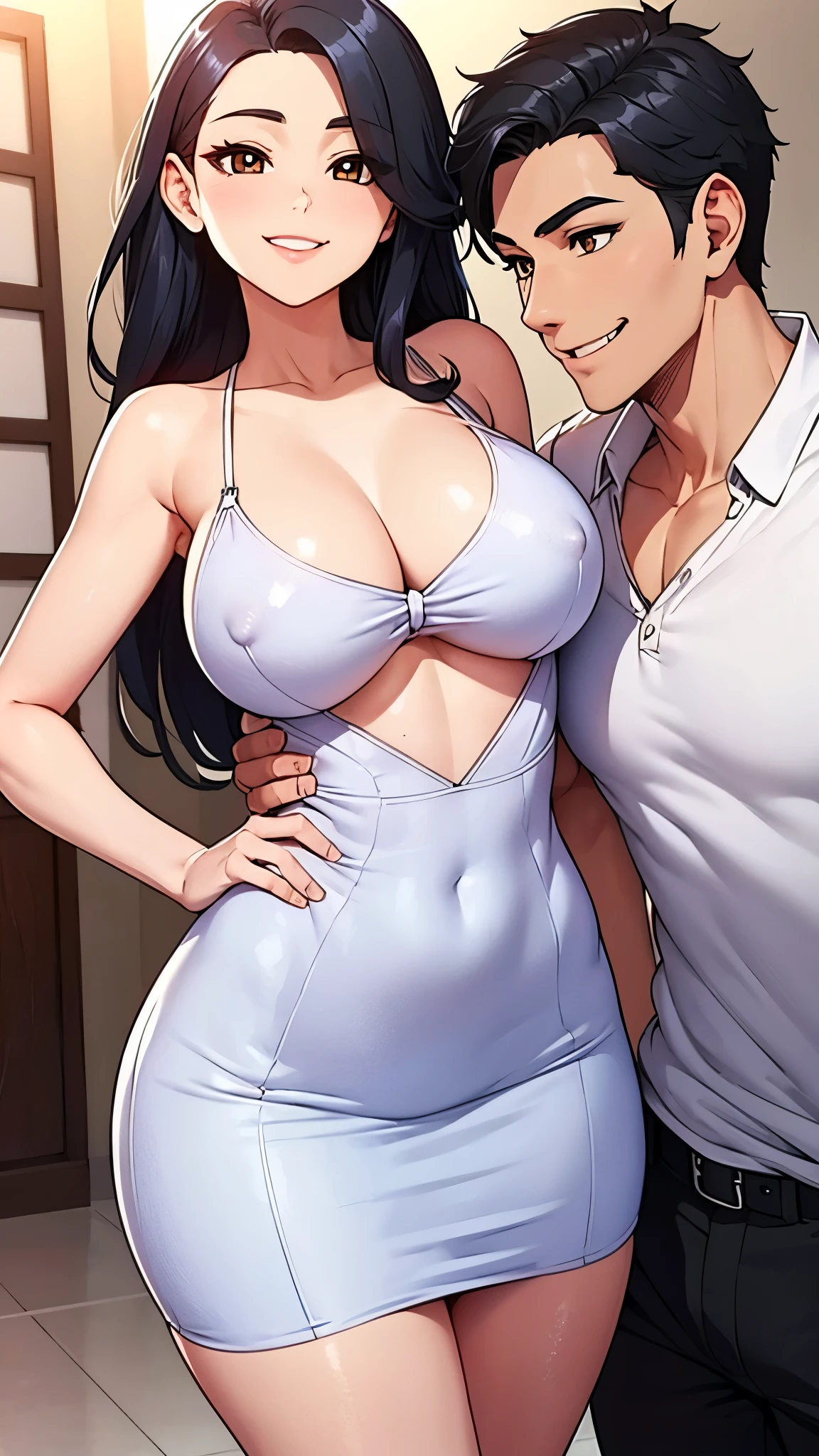 8K, high quality, animation, married woman, fair complexion, beautiful woman, small face, neat, bright, emphasis on eyes, sexy, super big tits, beautiful line drawing. Black hair, white skin, brown eyes, smiling, breast up, ((big tits)), black dress,