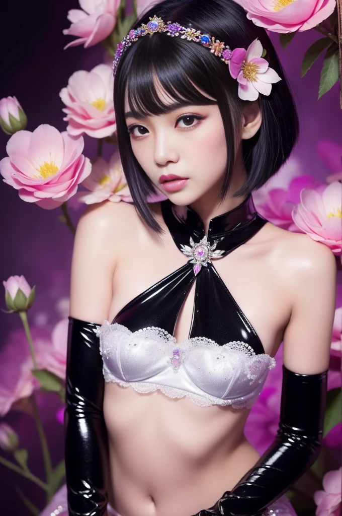 beautiful Thai model who controls poison、lipgloss、intense makeup、look at the camera、full body Esbian、、sparkling poisoned flower costume、、、、sparkling Colorful short hair、secrete poison、skull hair accessories, ultra detailed black tights、shiny sparkling flowers background
