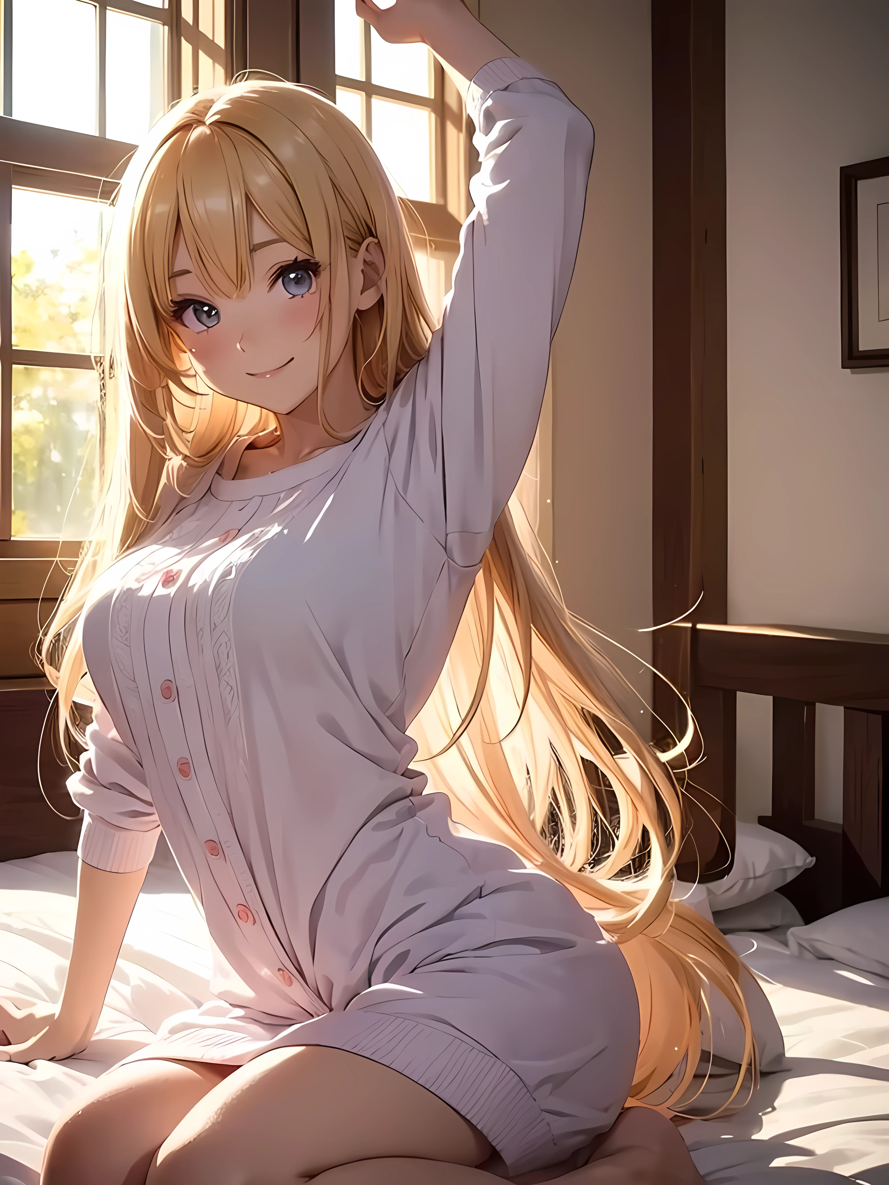 Beautiful young woman, Anime Style, Detailed face, Dressed in cute morning clothes, Stretching and smiling, morning light shining through the window, Cozy bedroom, Fresh and bright atmosphere, long flowing hair, High detail, 8K resolution, Cinema Lighting, Highest quality, Realistic fabric texture, Gentle shadows, Pastel Color Palette, Instagrammable, cheerful and energetic, beautiful, Warm and soft lighting
