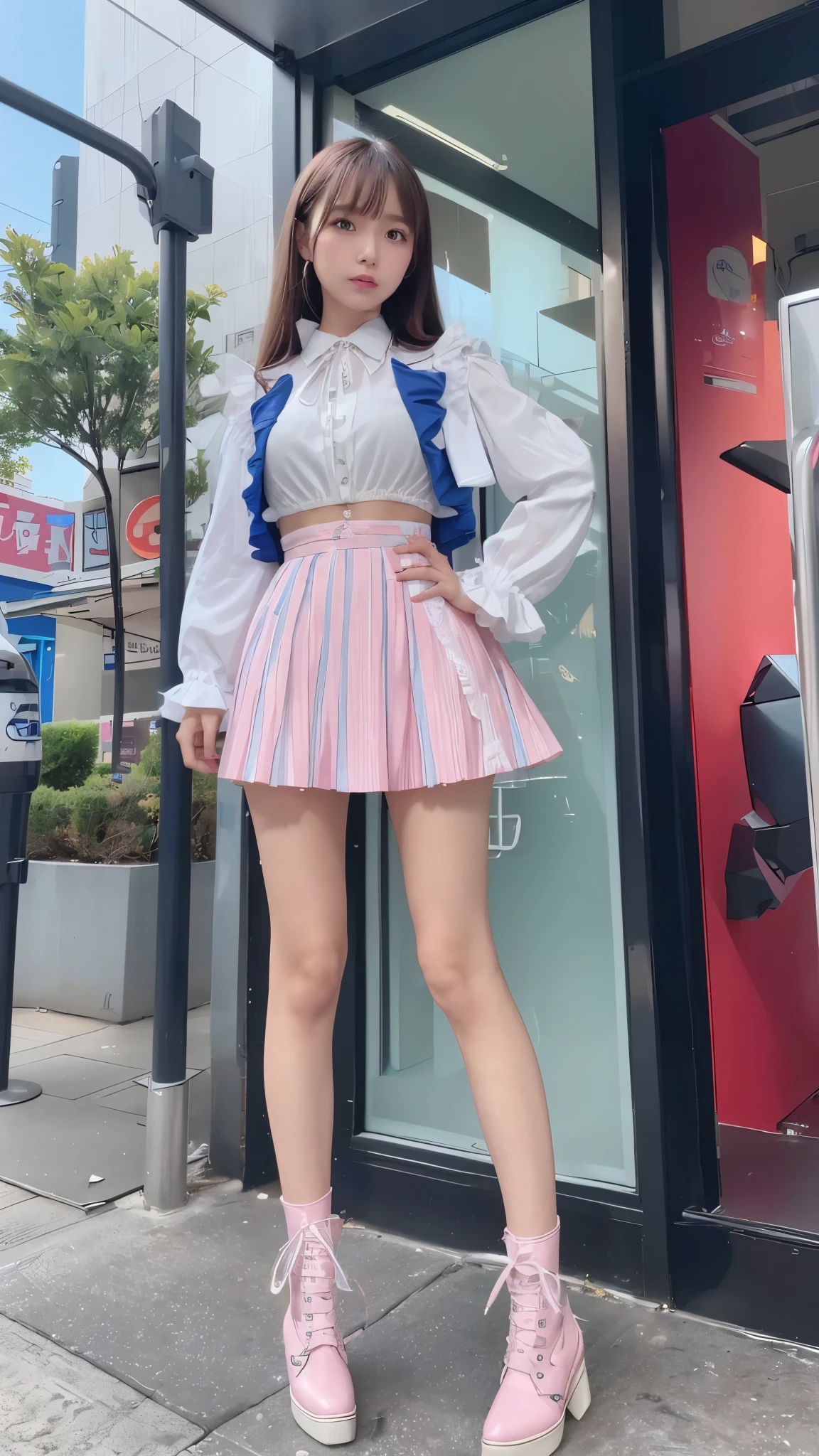 Costume like a idol, blue and white half sleeve Jacket, pink satin ruffled blouse, White and pink stripe pleated skirt, white lace up boots