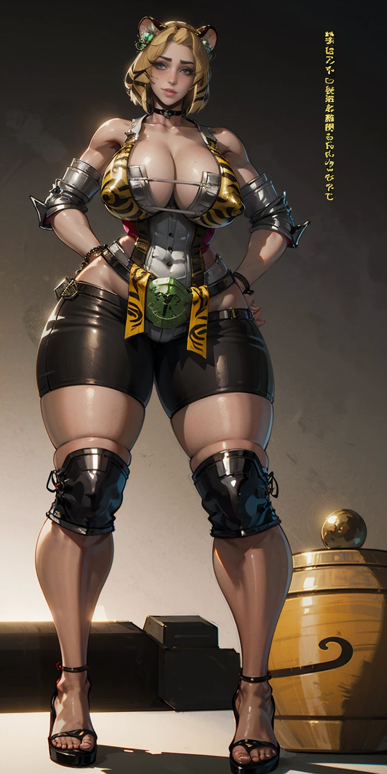 ((Masterpiece, plain background,1:2, masterpiece)) full body standing with separate yellow tiger print stockings thighs and sleeves, yellow tiger bikini print, hands on waist, navel, lustful smirking smiling, smile face (red blushed, red cheeks) armbands, black leather choker slave collar, metal sandals, big knockers, cleavage, separate sleeves, leather corset, hands on hips, shackles bracelets, slave red crest, loincloth standing, metal sandals, big belt, view from below, feet together, bracers, standing contrapposto straight symmetrical looking to viewer