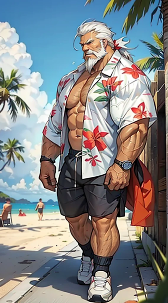 huge muscular old man in street city, old man, thick arm, huge arm, bearded. white hair and beard, bearded, muscular, pectoral, wide pectoral, beach, palm, realistic, 8k, masterpiece, (wearing shorts and white Hawaiian shirt, shoes)