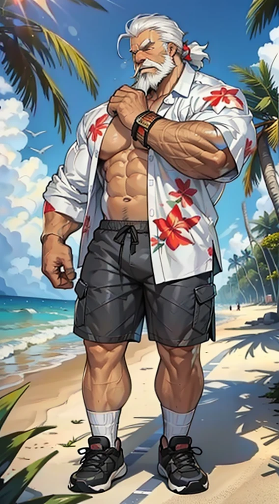 huge muscular old man in street city, old man, thick arm, huge arm, bearded. white hair and beard, bearded, muscular, pectoral, wide pectoral, beach, palm, realistic, 8k, masterpiece, (wearing shorts and white Hawaiian shirt, shoes)