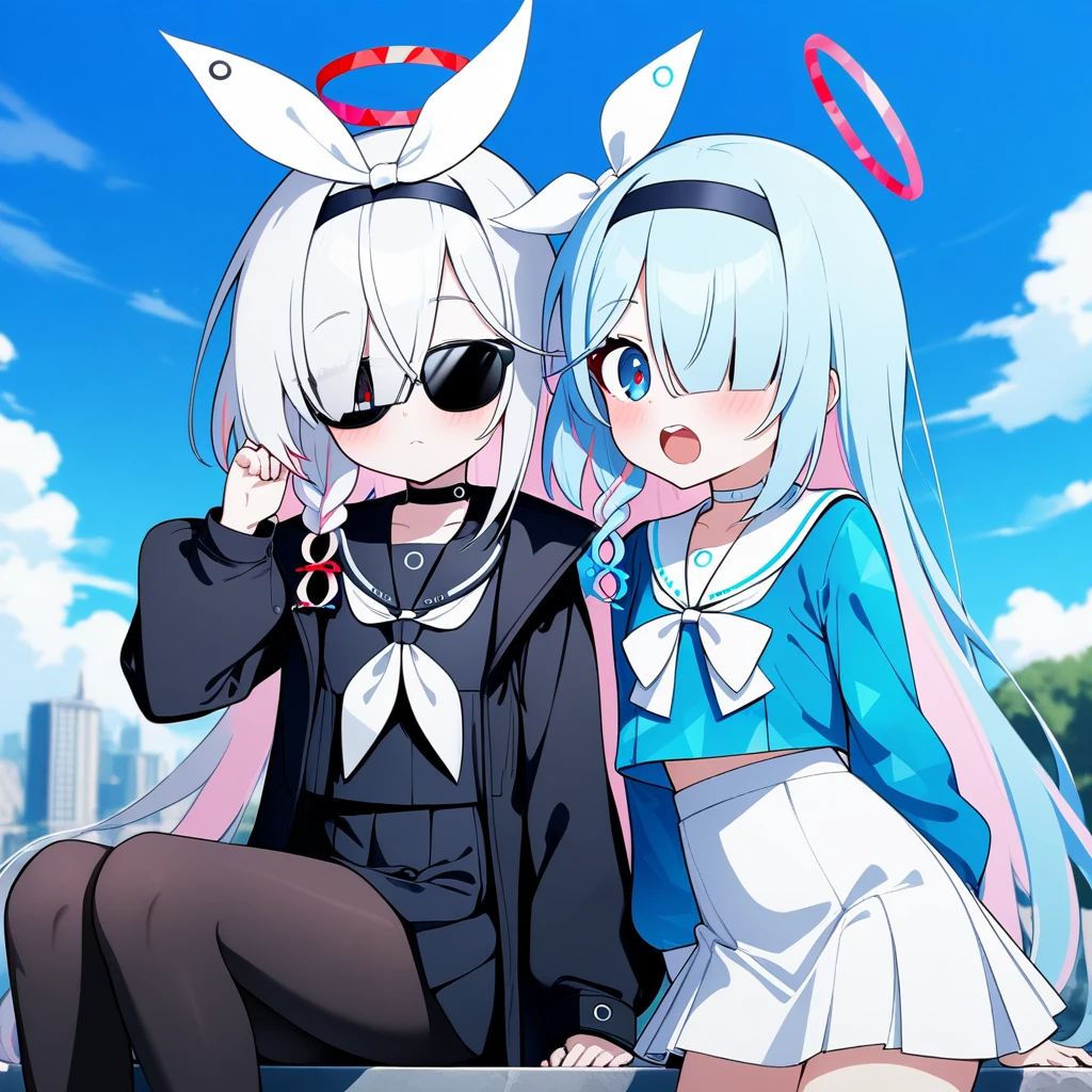 2girls, blue archive, arona \(blue archive\), plana \(blue archive\), black choker, black coat, black eyes, black hairband, black pantyhose, black sailor collar, black serafuku, black shirt, black skirt, blue eyes, blue hair, blue halo, blue pupils, blue shirt, blue sky, blush, bow hairband, braid, breasts, buttoned cuffs, buttons, choker, closed mouth, cloud, coat, colored inner hair, day, film grain, hair over one eye, hair ribbon, hairband, halo, light blue hair, long hair, long sleeves, looking at viewer, miniskirt, multicolored hair, multiple girls, neckerchief, open mouth, outdoors, pantyhose, pink hair, pleated skirt, puffy long sleeves, puffy sleeves, red halo, red pupils, ribbon, sailor collar, sailor shirt, , serafuku, shirt, short hair, side braid, single braid, sitting, skirt, sky, small breasts, sunglasses, teeth, thighs, two-tone hair, upper teeth only, white choker, white hair, white hairband, white neckerchief, white ribbon, white sailor collar, white skirt

