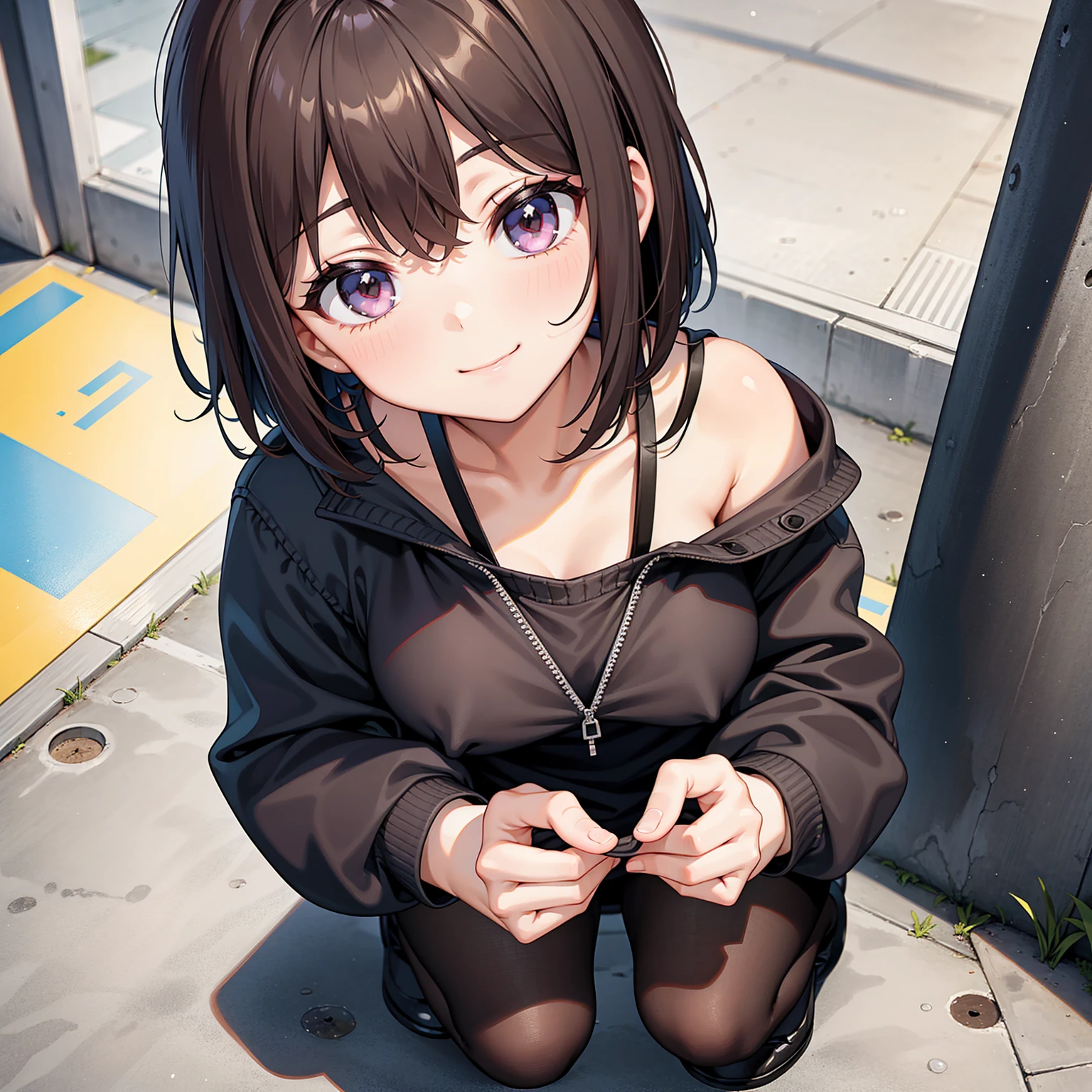 (One girl)、smile、Dark brown short hair、high school girl、Looking up、Crouching、Invite