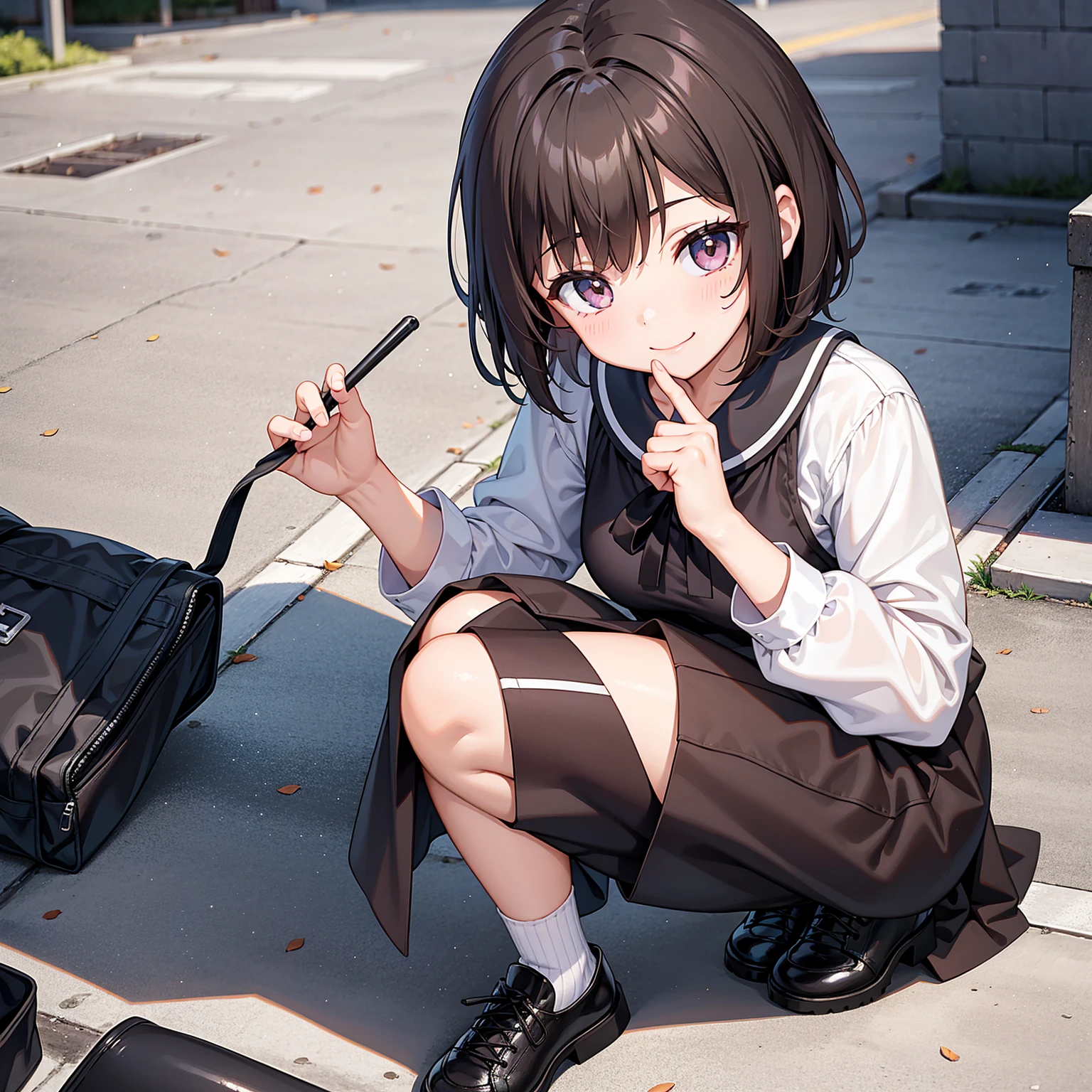 (One girl)、smile、Dark brown short hair、high school girl、Looking up、Crouching、Invite