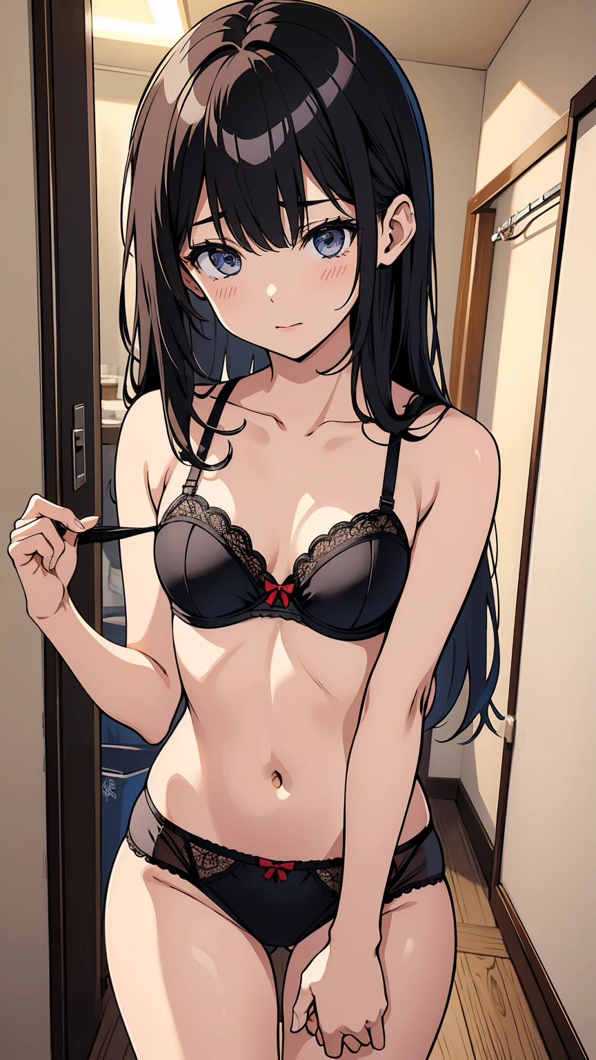 High resolution、4K quality、Highest quality、sister、Female college student、Glamorous Body、Observed Perspective、My brother is looking into my room..、bra、pantiesが床に落ちている、黒のpanties、panties、used underwear、シミ付きpanties、Scattered underwear、panties単体、Laundry basket、strip、Underwear is scattered、Underwear is scattered、床一面たくさんのpanties、Very small room、Undressing scene、Browsing Caution