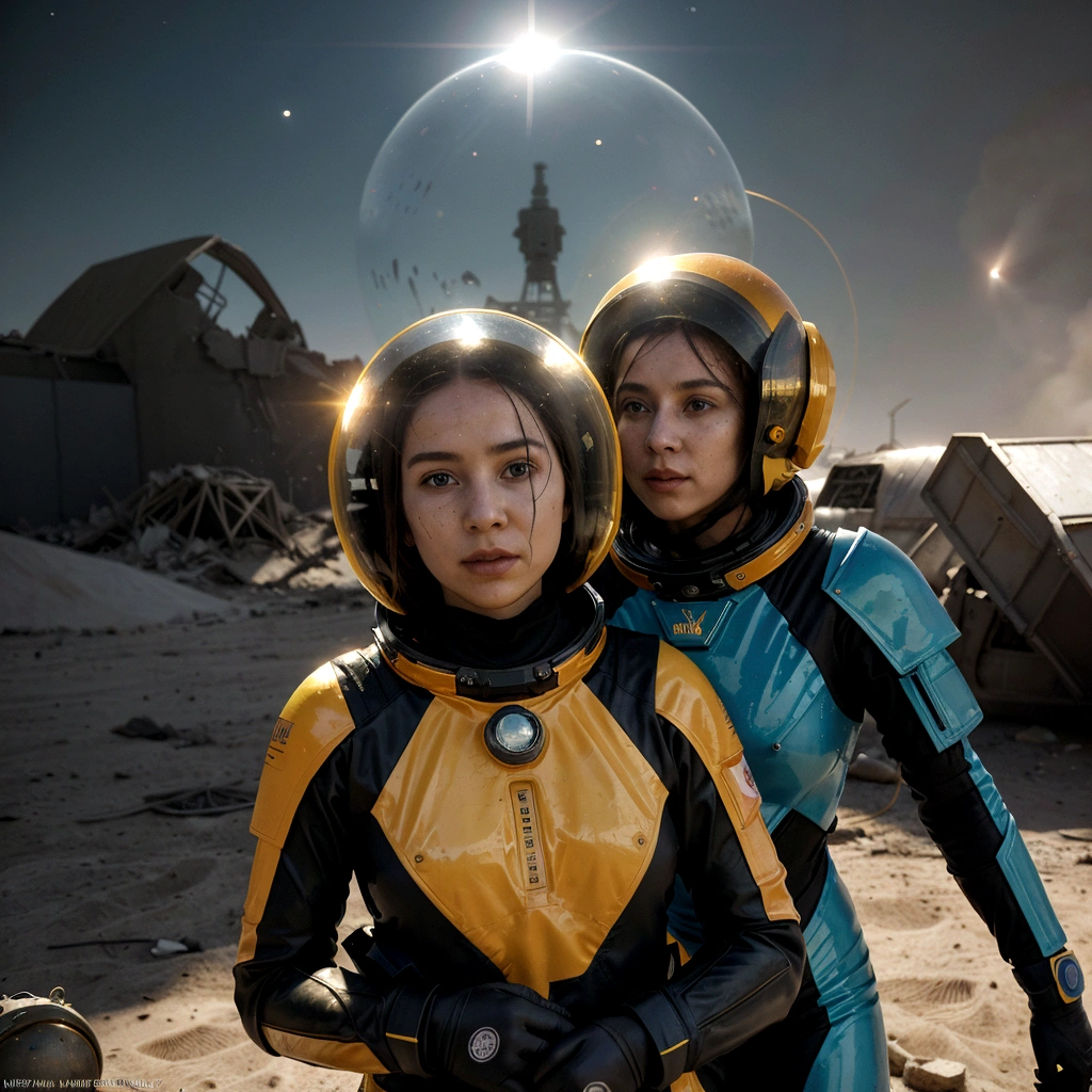 A captivating post-apocalyptic artwork by André Uhlisch featuring two women in otherworldly cosmonaut helmets and bright yellow rubber suits. They gracefully float, surrounded by an array of vibrant planets and celestial bodies, each with unique colors and textures. The scene is imbued with a sense of hope, as the women embody the delicate balance between life's fragility and the unwavering spirit of hope. A striking light source illuminates the artwork, casting dramatic shadows and highlighting the vivid colors. The background showcases the destruction, while the women's presence symbolizes the resilience of life in the face of adversity.