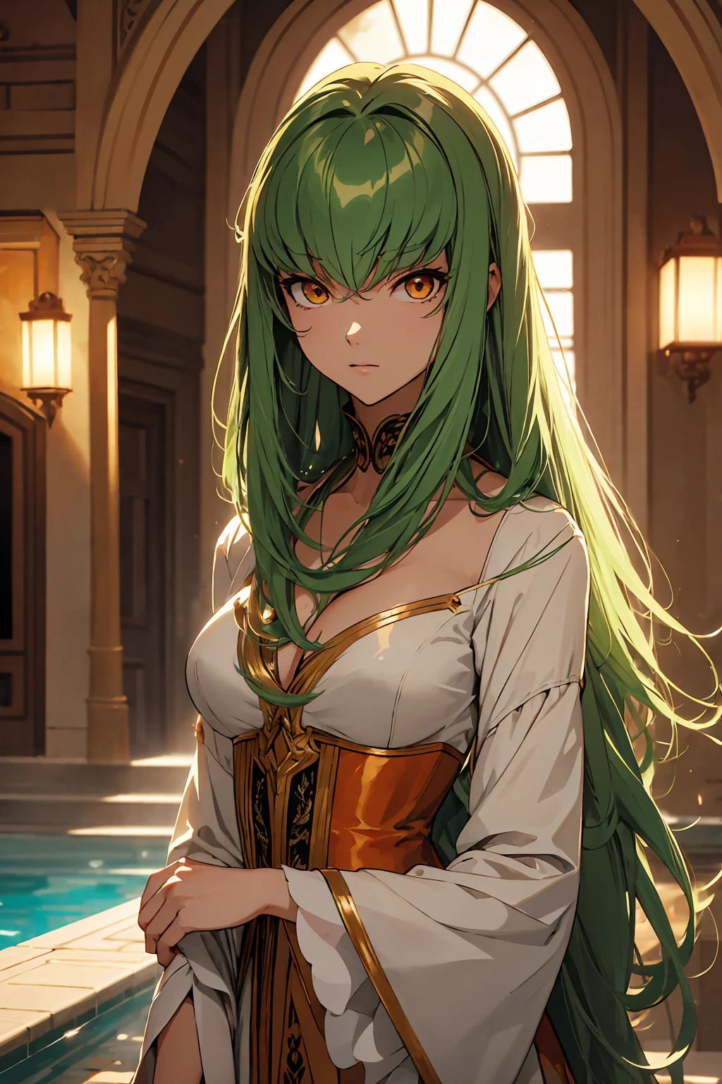 (masterpiece, Highest quality, Super detailed, Best Shadow, Volumetric lighting), (Beautifully detailed face, beautiful Fine grain), (Best lighting), c.c., code geteeth, Green Hair, Very long hair, Wavy Hair, Orange eyes, Fine grain, Mid-chest, teeth, Ashford Academy Swimsuit, whole body, intense angle, mksks style, Beautiful background, professional lightning, indoor, Pool,