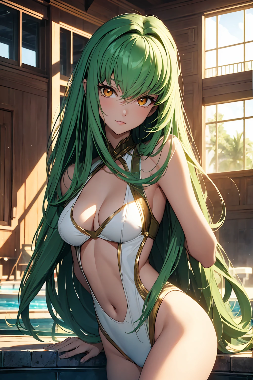(masterpiece, Highest quality, Super detailed, Best Shadow, Volumetric lighting), (Beautifully detailed face, beautiful Fine grain), (Best lighting), c.c., code geteeth, Green Hair, Very long hair, Wavy Hair, Orange eyes, Fine grain, Mid-chest, teeth, Ashford Academy Swimsuit, whole body, intense angle, mksks style, Beautiful background, professional lightning, indoor, Pool,