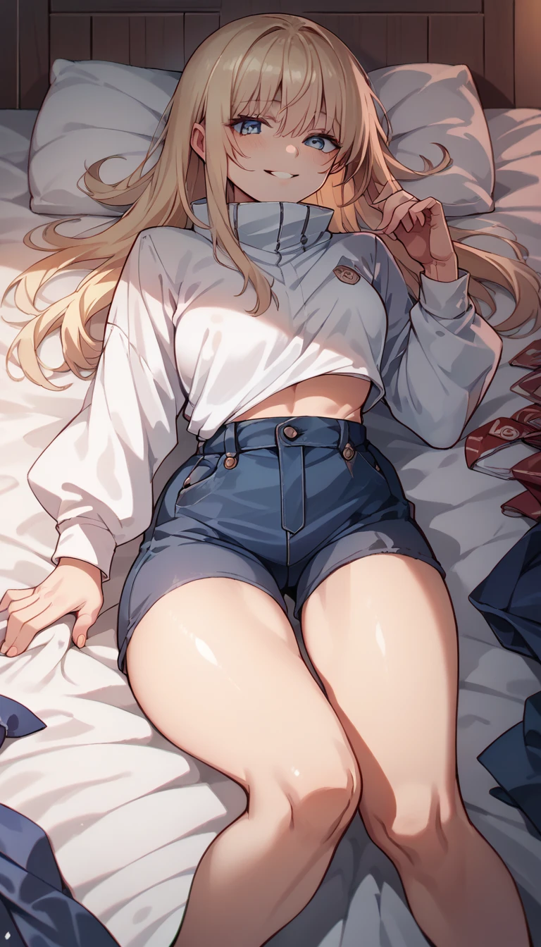 best qualityer, super detaill, work of art, ultra HD, 8K, 1 girl, focus on the girl, Gojo Satoru, new, sexy e sensual, on the bed, showing off your thighs, emphasis on the thighs.