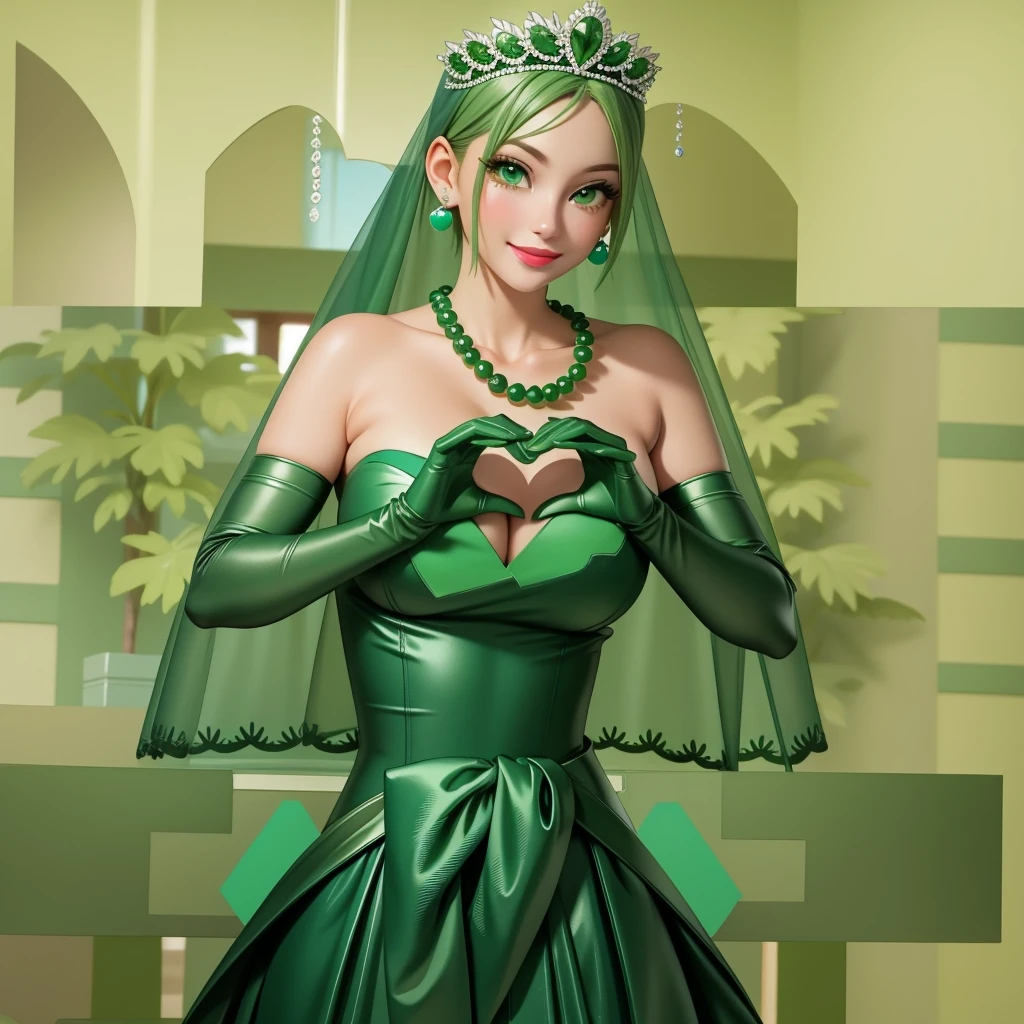 Emerald tiara, Green Pearl Necklace, ボーイッシュな非常に短いGreen Hair, Green Lips, Smiling Japanese woman, Very short hair, Busty beautiful lady, Green Eyes, Green satin long gloves, Green Eyes, Emerald Earrings, Green veil, Heart with both hands, Green Hair, Beautiful Japanese Women, Heart shaped hands:1.3, green lip gloss