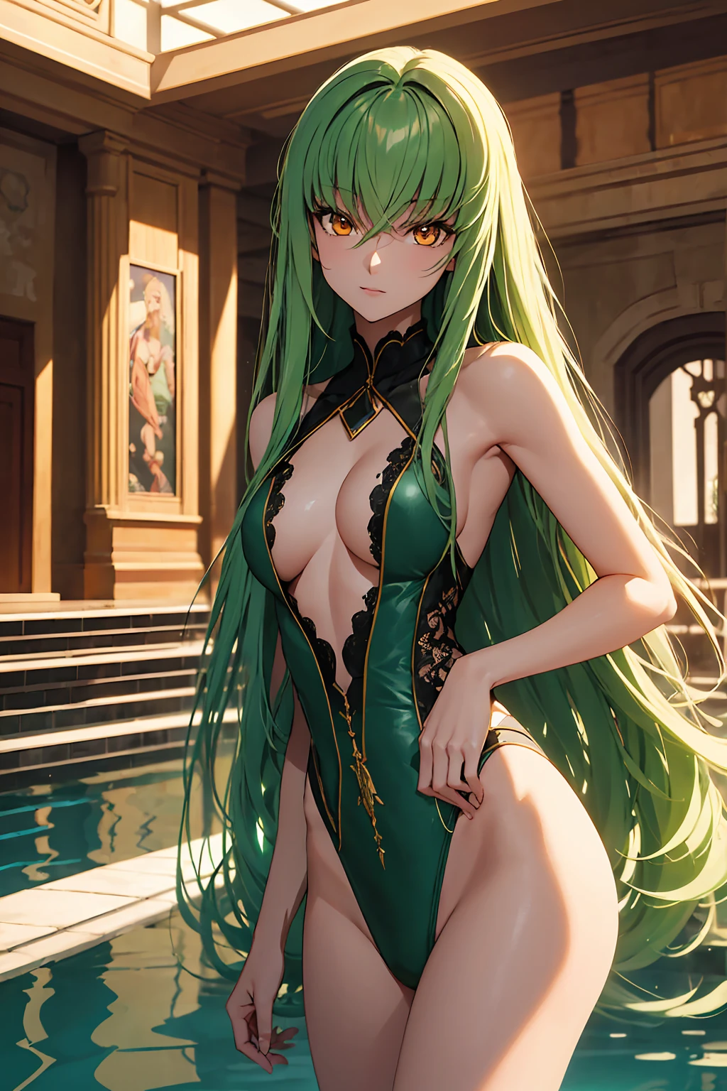 (masterpiece, Highest quality, Super detailed, Best Shadow, Volumetric lighting), (Beautifully detailed face, beautiful Fine grain), (Best lighting), c.c., code geteeth, Green Hair, Very long hair, Wavy Hair, Orange eyes, Fine grain, Mid-chest, teeth, Ashford Academy Swimsuit, whole body, intense angle, mksks style, Beautiful background, professional lightning, indoor, Pool,