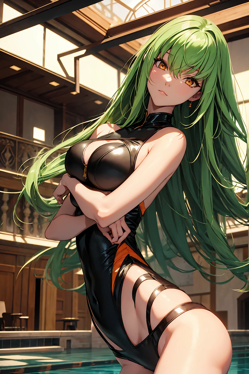 (masterpiece, Highest quality, Super detailed, Best Shadow, Volumetric lighting), (Beautifully detailed face, beautiful Fine grain), (Best lighting), c.c., code geteeth, Green Hair, Very long hair, Wavy Hair, Orange eyes, Fine grain, Mid-chest, teeth, Ashford Academy Swimsuit, whole body, intense angle, mksks style, Beautiful background, professional lightning, indoor, Pool,