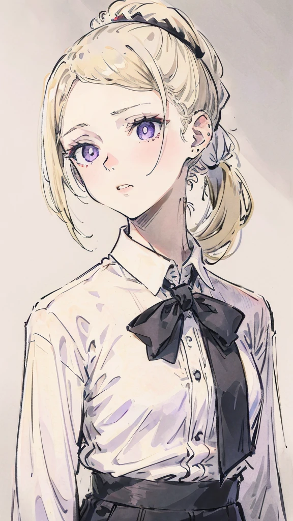 Create a beautiful light blonde woman, with her hair tied in a ponytail down her neck, with a few loose strands framing her face, pale skin, violet eyes, with a white long sleeve button down shirt, black tie and black pants
