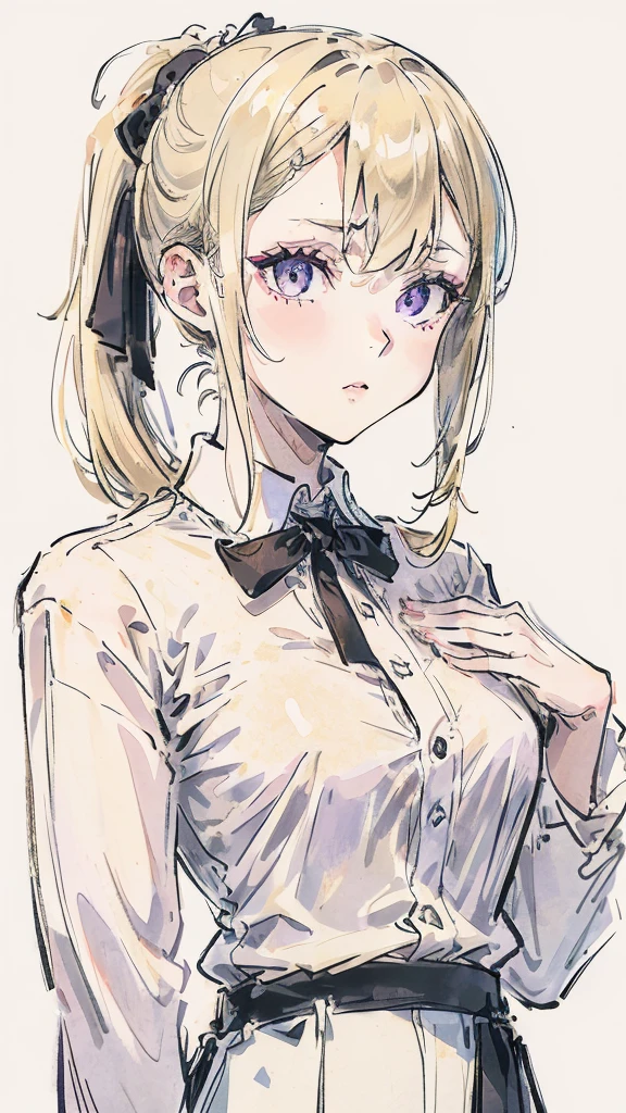 Create a beautiful light blonde woman, with her hair tied in a ponytail down her neck, with a few loose strands framing her face, pale skin, violet eyes, with a white long sleeve button down shirt, black tie and black pants