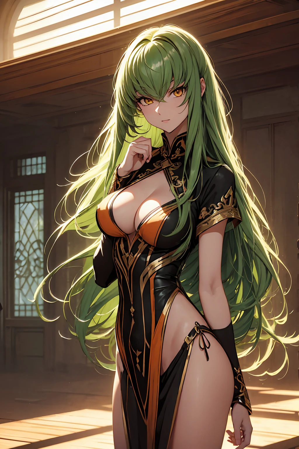 (masterpiece, Highest quality, Super detailed, Best Shadow, Volumetric lighting), (Beautifully detailed face, beautiful Fine grain), (Best lighting), c.c., code geteeth, Green Hair, Very long hair, Wavy Hair, Orange eyes, Fine grain, Mid-chest, teeth, Ashford Academy Swimsuit, whole body, intense angle, mksks style, Beautiful background, professional lightning, indoor, Pool,