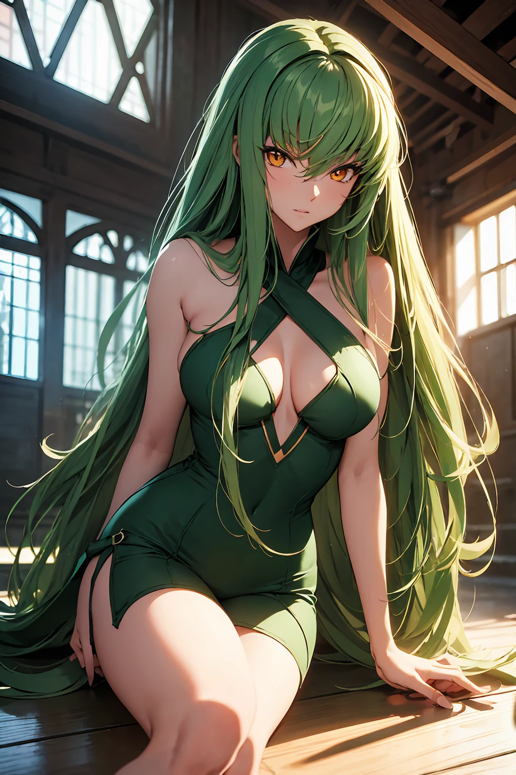 NSFW (masterpiece, Highest quality, Super detailed, Best Shadow, Volumetric lighting), (Beautifully detailed face, beautiful Fine grain), (Best lighting), c.c., code geteeth, Green Hair, Very long hair, Wavy Hair, Orange eyes, Fine grain, Mid-chest, teeth, Ashford Academy Swimsuit, whole body, intense angle, mksks style, Beautiful background, professional lightning, indoor, Pool,sit M-shaped legs