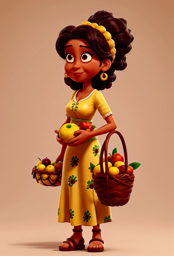 Cartoon character of a Brazilian woman, Holding a basket of fruit, com avental