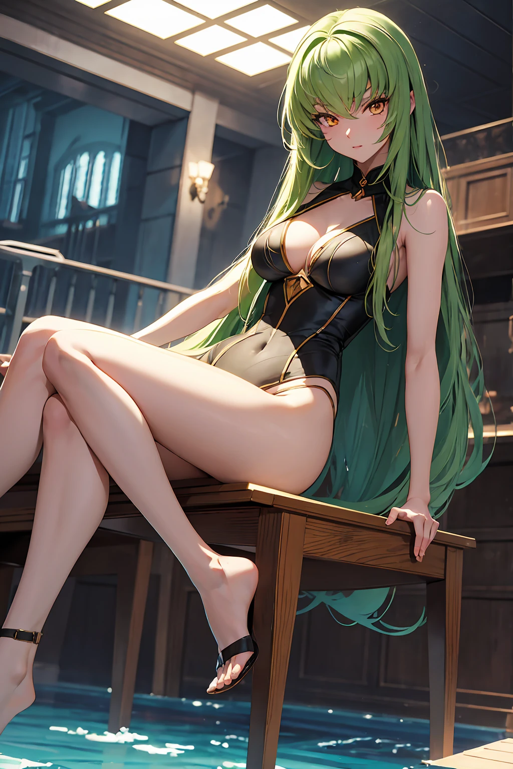 NSFW (masterpiece, Highest quality, Super detailed, Best Shadow, Volumetric lighting), (Beautifully detailed face, beautiful Fine grain), (Best lighting), c.c., code geteeth, Green Hair, Very long hair, Wavy Hair, Orange eyes, Fine grain, Mid-chest, teeth, Ashford Academy Swimsuit, whole body, intense angle, mksks style, Beautiful background, professional lightning, indoor, Pool,sit M-shaped legs