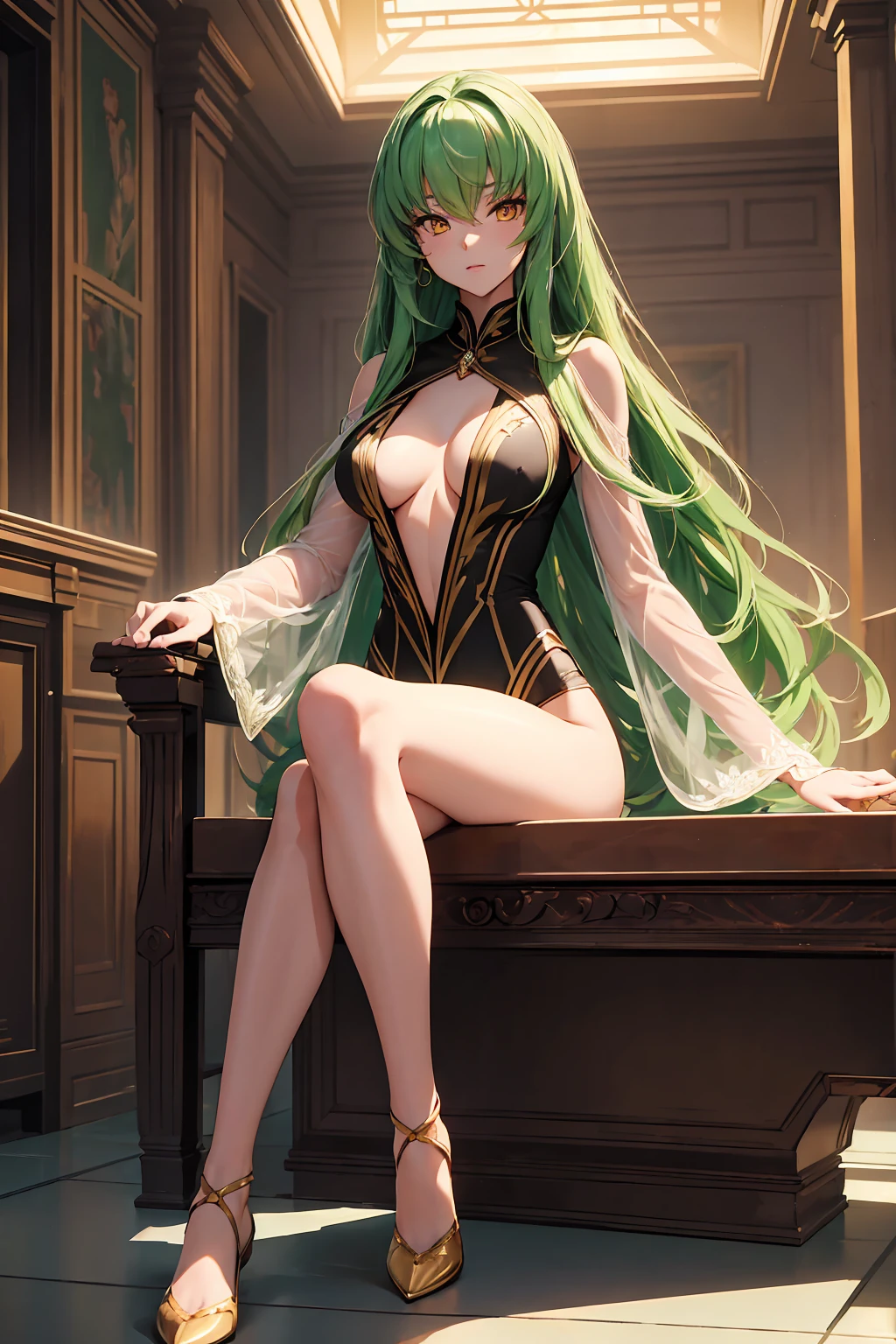 NSFW (masterpiece, Highest quality, Super detailed, Best Shadow, Volumetric lighting), (Beautifully detailed face, beautiful Fine grain), (Best lighting), c.c., code geteeth, Green Hair, Very long hair, Wavy Hair, Orange eyes, Fine grain, Mid-chest, teeth, Ashford Academy Swimsuit, whole body, intense angle, mksks style, Beautiful background, professional lightning, indoor, Pool,sit　M-shaped legs