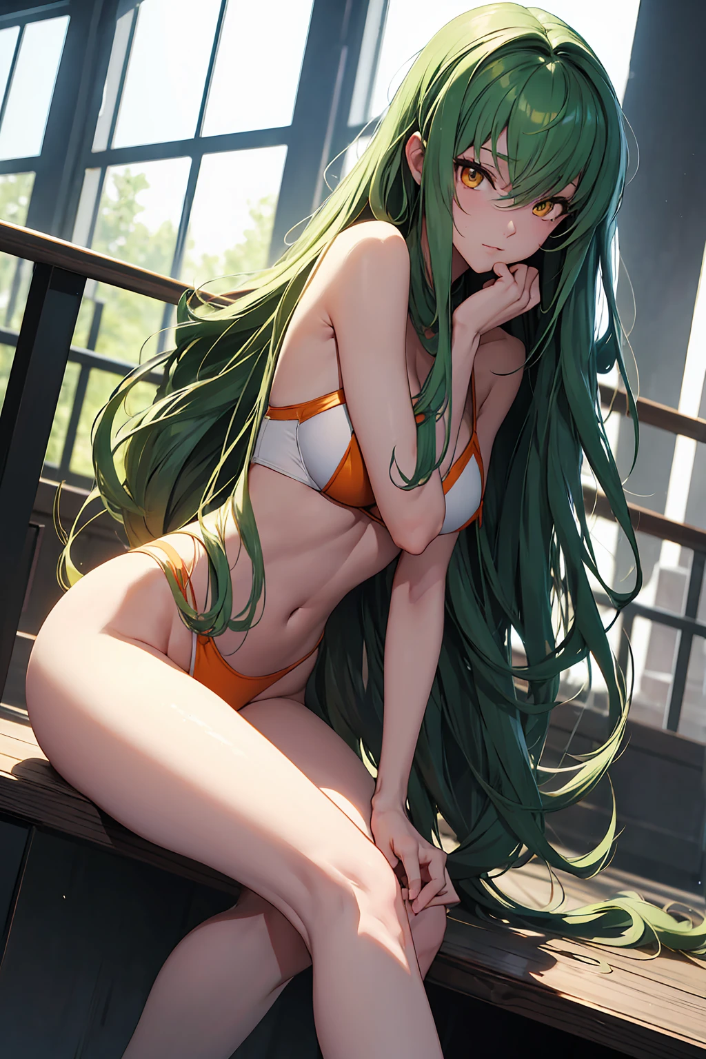 NSFW (masterpiece, Highest quality, Super detailed, Best Shadow, Volumetric lighting), (Beautifully detailed face, beautiful Fine grain), (Best lighting), c.c., code geteeth, Green Hair, Very long hair, Wavy Hair, Orange eyes, Fine grain, Mid-chest, teeth, Ashford Academy Swimsuit, whole body, intense angle, mksks style, Beautiful background, professional lightning, indoor, Pool,sit M-shaped legs