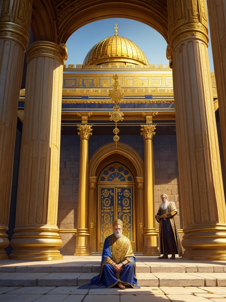 Beautiful Gate from the Bible. The gate is ornate with gold, silver, and precious stones. A man lame from birth is sitting on the ground, with Peter and John standing nearby. The background shows the ancient Temple in Jerusalem. The image should be colorful and inspiring, with a sense of hope and healing.