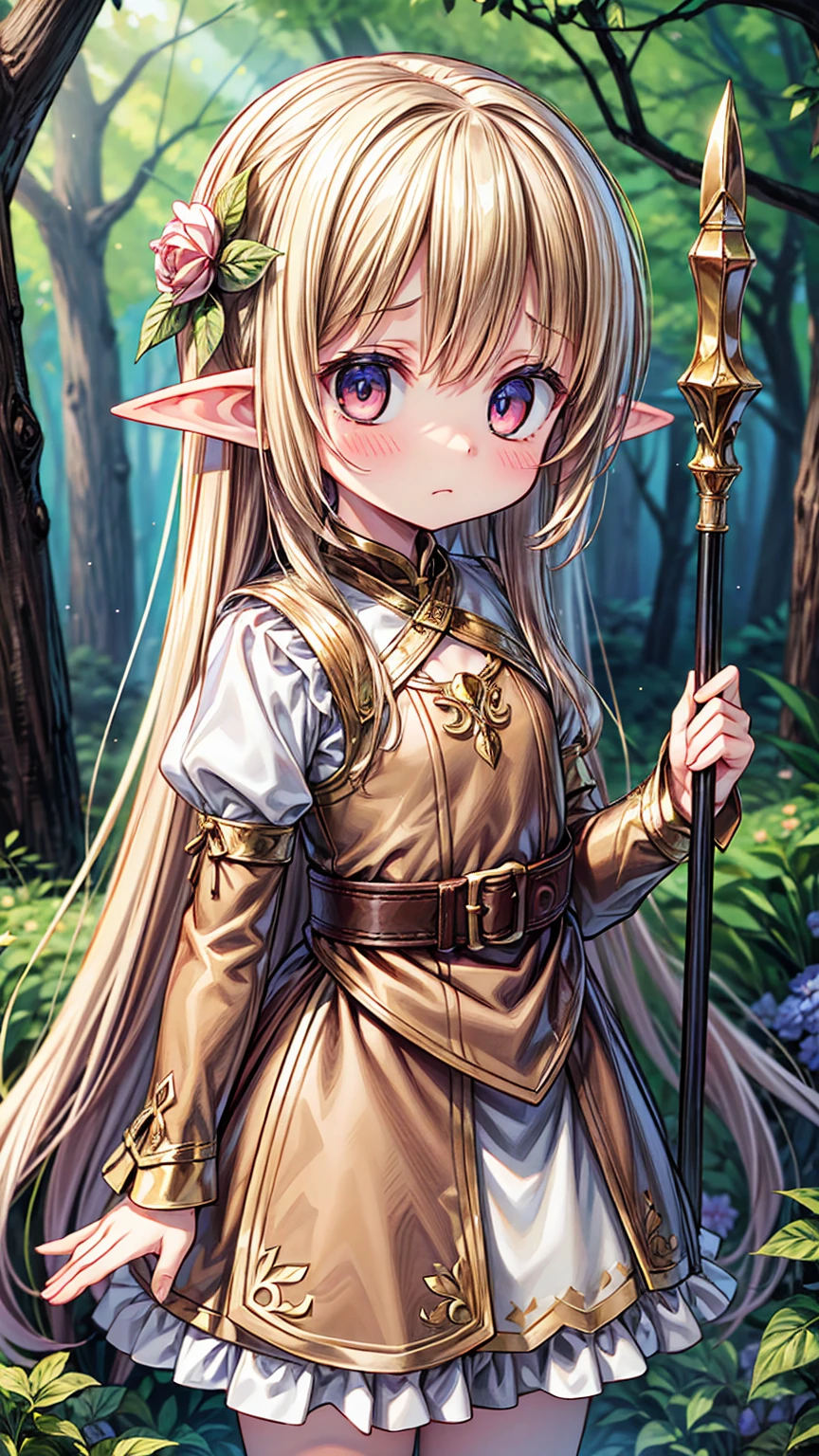 Masterpiece, Best Quality, high resolution, (loli), girl, elf, small busts, worn brown tunic, has a spear, shy face, he is afraid, is in the forest, she has golden eyes, blond hair